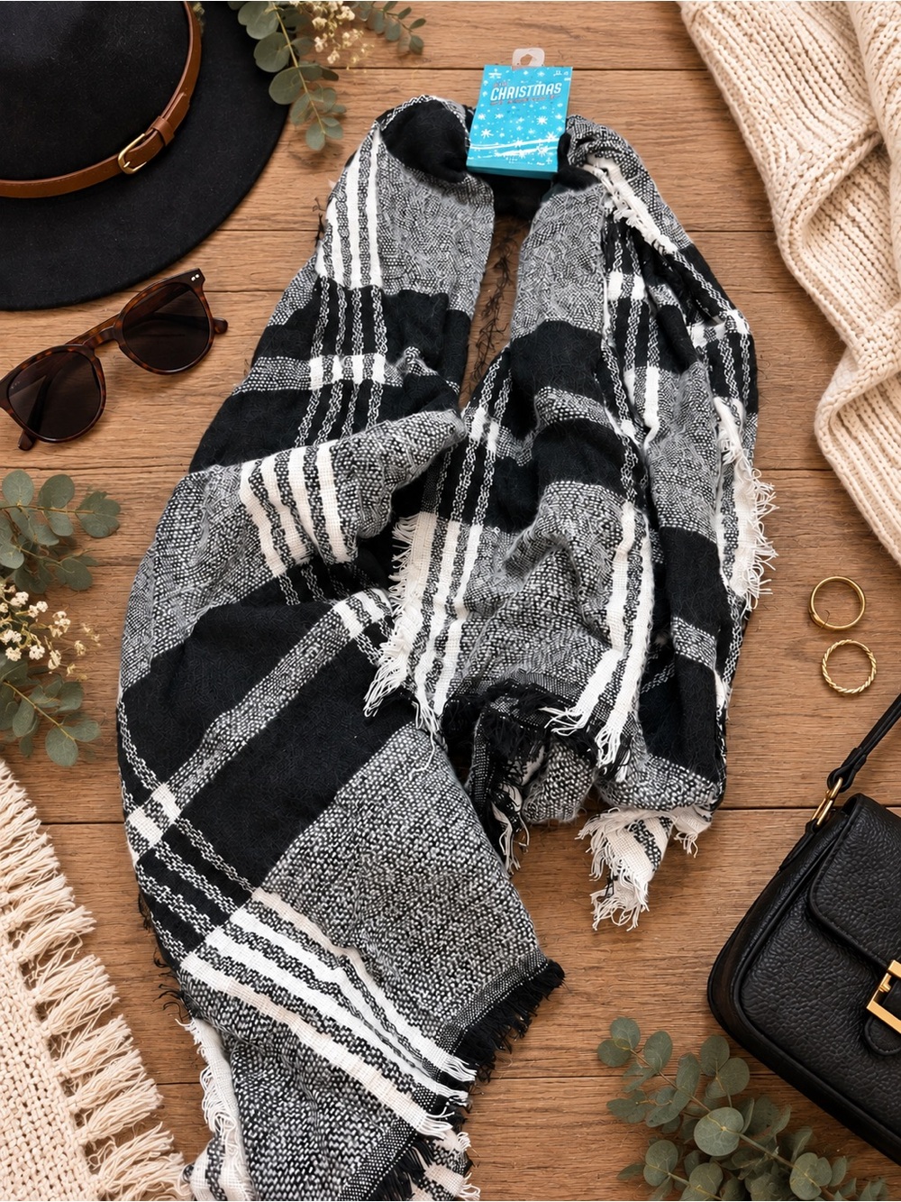 Black & White Plaid Fringe Blanket Scarf Oversized Cozy Winter Wrap